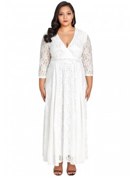 Women Plus Size Dress Solid Lace Chiffon Deep V 3/4 Sleeve High Waist Maxi Gown Elegant Party Wear