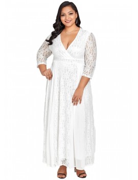 Women Plus Size Dress Solid Lace Chiffon Deep V 3/4 Sleeve High Waist Maxi Gown Elegant Party Wear