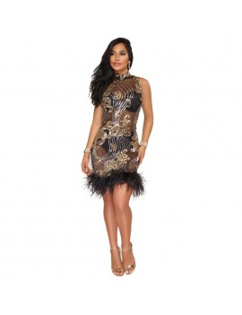Women Dress Sheer Mesh Sequined Feather High Neck Sleeveless Bandage Bodycon Mini Sex Party Wear