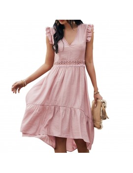Women Midi Dress V-Neck Sleeveless Elastic Waist Ruffle Hem Dress Lace Splicing Solid Color Cute Casual Dress