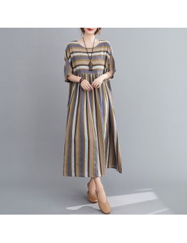 Vintage Women Cotton Linen Dress Striped Print O Neck Half Sleeve Pocket Loose Casual Dress