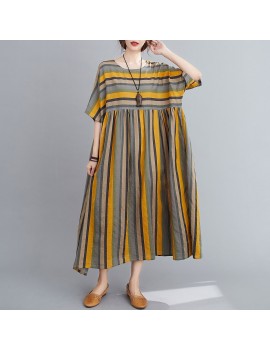 Vintage Women Cotton Linen Dress Striped Print O Neck Half Sleeve Pocket Loose Casual Dress