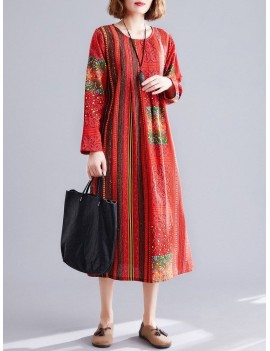 Vintage Women Striped Bohemian Dress  Linen Cotton O-Neck Long Sleeve Pocket Loose Fit Midi Dress