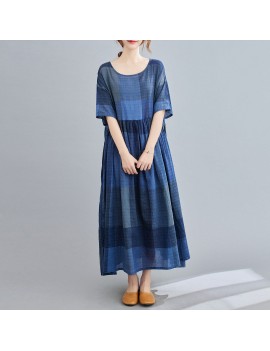Women Cotton and Linen Dress Vintage Plaid Print O Neck Half Sleeves Side Pockets Robes Casual Loose Oversized Maxi Long Dress