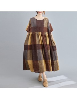Women Cotton and Linen Dress Vintage Plaid Print O Neck Half Sleeves Side Pockets Robes Casual Loose Oversized Maxi Long Dress