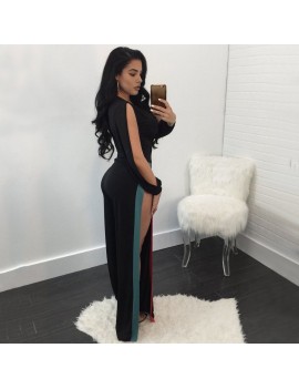 Sexy Women Jumpsuit Stretchy Deep V Neck Colorful Stripes Split Cut Out Long Sleeve Bodycon Clubwear