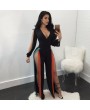Sexy Women Jumpsuit Stretchy Deep V Neck Colorful Stripes Split Cut Out Long Sleeve Bodycon Clubwear