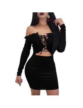 Sexy Women Velvet Ribbed Dress Lace Up Front Off the Shoulder Long Sleeve Hollow Out Slim Bodycon Bandage Dress