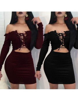 Sexy Women Velvet Ribbed Dress Lace Up Front Off the Shoulder Long Sleeve Hollow Out Slim Bodycon Bandage Dress