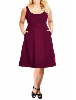 Women Plus Size Tank Dress Solid Swing Dress A-Line Casual Midi Dress Black/Burgundy