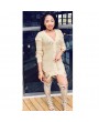 Sexy Women Knitting Sweater Dress Deep V-Neck Distressed Buttons Solid Loose Casual Party Mini Dress Beige