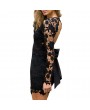 Sexy Women Mini Bodycon Dress Lace Hollow Out Bow V-Neck Long Sleeves Elegant Dress Pink/Black