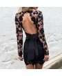 Sexy Women Mini Bodycon Dress Lace Hollow Out Bow V-Neck Long Sleeves Elegant Dress Pink/Black