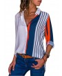 Women Plus Size Chiffon Shirts Blouse Striped Contrast Color Block Button Down Turn Down Collar Long Sleeves Casual Tops