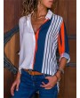 Women Plus Size Chiffon Shirts Blouse Striped Contrast Color Block Button Down Turn Down Collar Long Sleeves Casual Tops