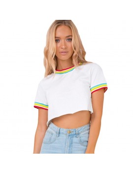 Sexy Women Crop Top T-Shirt Striped Short Sleeves O-Neck Casual Short Blouse Pullover
