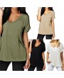 Korean Fashion Women Summer Basic T-shirt V Neck Short Sleeve Solid Color Casual Loose Plus Size Top Tee