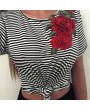 New Fashion Women Striped T-Shirt Floral Embroidery Short Sleeve Casual Blouse Tee Sexy Crop Top Black