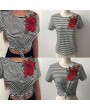 New Fashion Women Striped T-Shirt Floral Embroidery Short Sleeve Casual Blouse Tee Sexy Crop Top Black