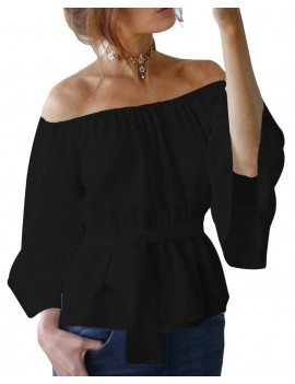 New Sexy Women Chiffon Off Shoulder Blouse Shirt Belted Flare Sleeve Casual Solid Top