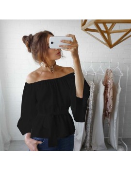 New Sexy Women Chiffon Off Shoulder Blouse Shirt Belted Flare Sleeve Casual Solid Top