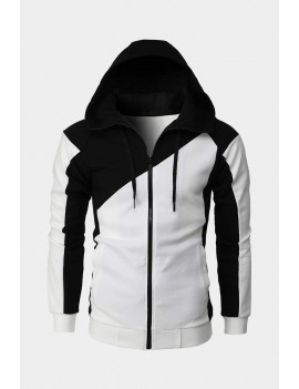 White Men Colorblock Zip Front Drawstring Hooded Jacket