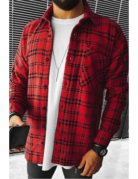 Red Men's Checked Textured Lapel Long Sleeve Shirt Jacket