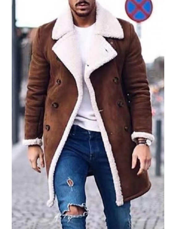Brown Lapel Collar Fleece Double-breasted Men's Coat