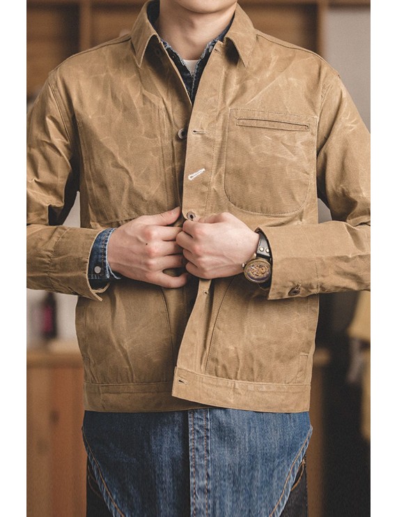 Khaki Button-up Flap Pocket Men's Vintage Jacket