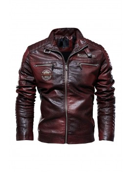 Brown Vintage Fleece Inner PU Leather Men's Zipper Jacket