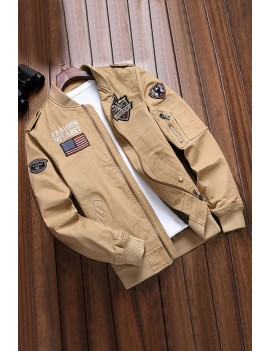 Khaki Men's US Flag Pattern Patchwork Zip-up Bomber Jacket