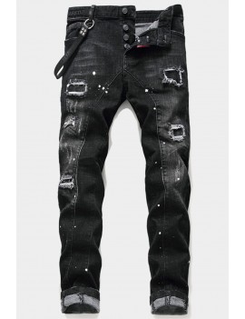 Black Button Fly Slim-fit Distressed Men's Jeans
