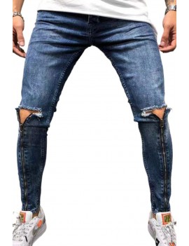 Grey Men's Ripped Zipper Jeans