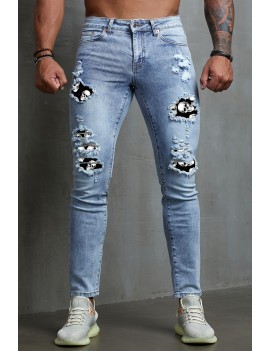 Sky Blue Men's Ripped Ghost Patches Slim Fit Skinny Jeans