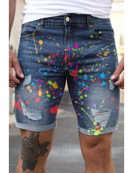 Blue Graffiti Print Distressed Skinny Fit Men's Denim Shorts