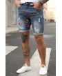 Blue Graffiti Print Distressed Skinny Fit Men's Denim Shorts