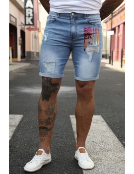 Sky Blue American Flag Graphic Print Rolled Hem Skinny Men's Denim Shorts