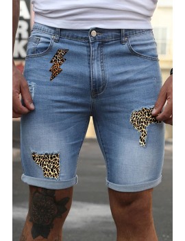 Sky Blue Leopard Lightning Patchwork Skinny Fit Men's Jeans