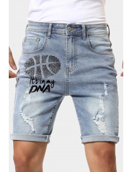 Sky Blue It's In My DNA Basketball Print Ripped Rolled Hem Men's Denim Shorts