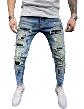 Plaid Patchwork Distressed Slim-fit Men's Jeans