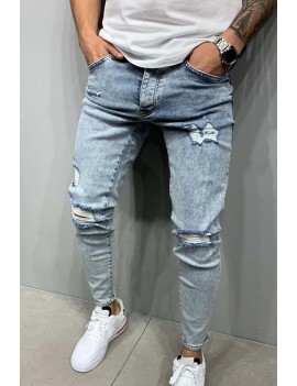 Men's Blue Washed Distressed Slim-fit Jeans