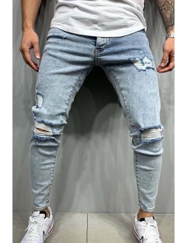 Men's Blue Washed Distressed Slim-fit Jeans