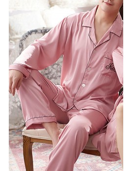 Pink Men Silk Like Long Sleeve Pajamas Set