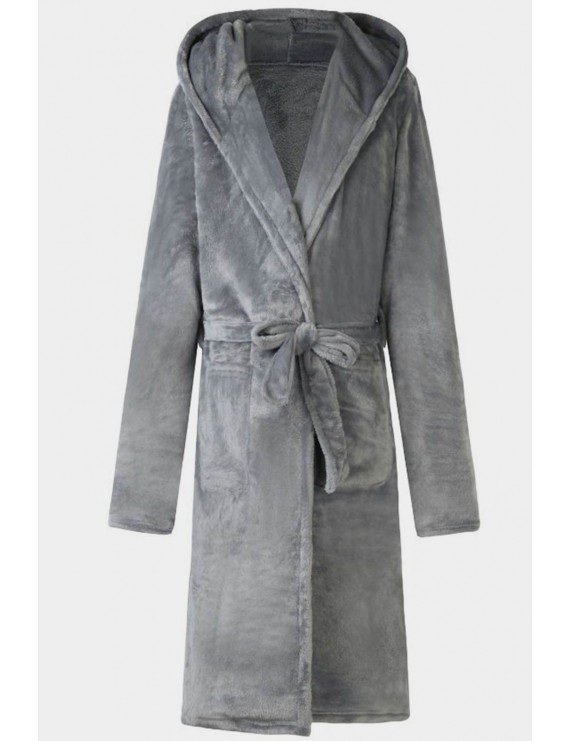 Gray Plush Lace-up Thick Hooded Men's Teddy Robe
