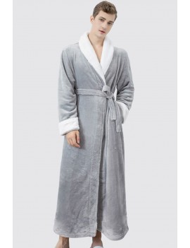 Grey Men Contrast Trim Fleece Robe Nightgown