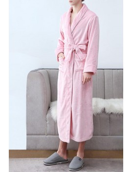 Pink Fleece Pocketed Men Nightgown with Sash