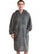 Grey Fleece Hooded Men's Nightgown with Pockets