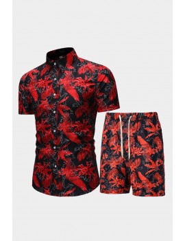 Men's Floral Print Short Sleeve Shirt and Elastic Waist Shorts Set