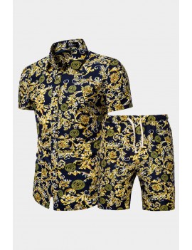 Pattern Print Men's Button Short Sleeve Shirt and Shorts Set